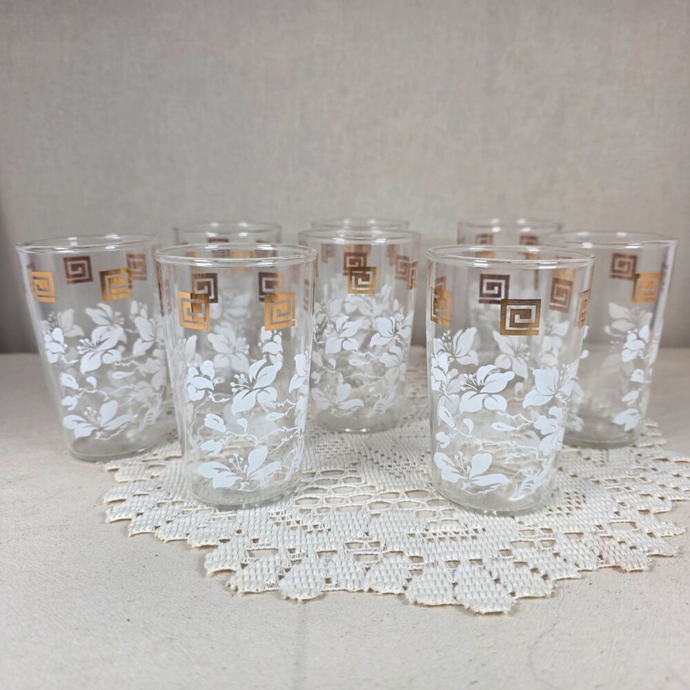 Anchor Hocking Vintage Glass Tumblers White Hibiscus & 22K Gold Greek Key Design